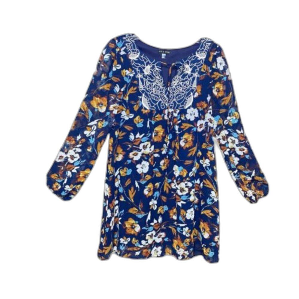 As U Wish‎ Floral Boho Dress XS Blue Bell Sleeve Prairie Western Ruffle Hippie
